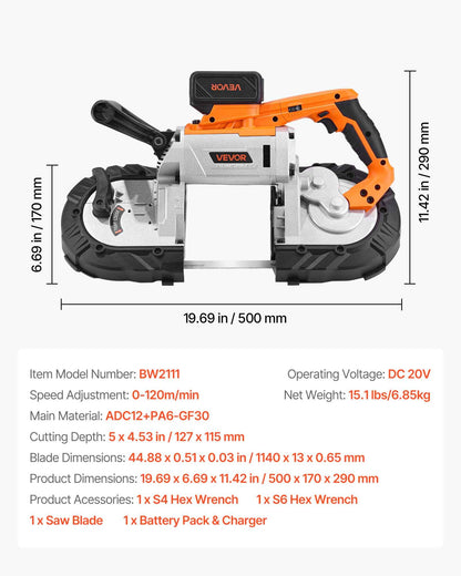 20V Portable Band Saw Kit, 127 mm x 115 mm Cutting Depth, AC 220V, 360W Bandsaw with Brushless Motor, 4.0 Ah Battery, Cordless and Compact Portaband, 0-120 m/min Variable Speed, for Cutting Metal, Wood