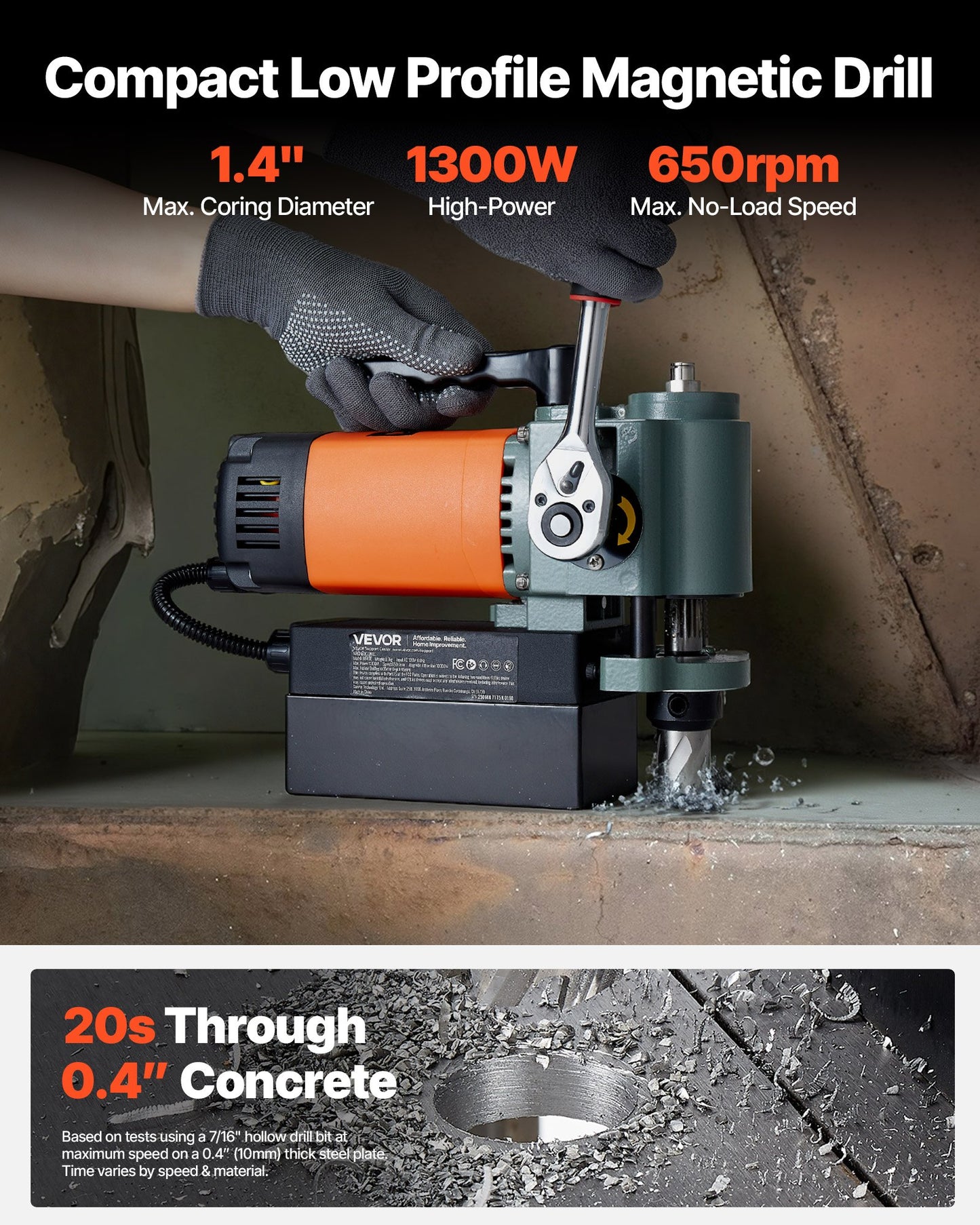 Low Profile Magnetic Drill Press, 1300 W, 35 mm Boring Diameter, 10000N Power Portable Mag Drill Press, 650RPM Speed, with Weldon Shank, for Metal Surface, Industrial and Home Improvement