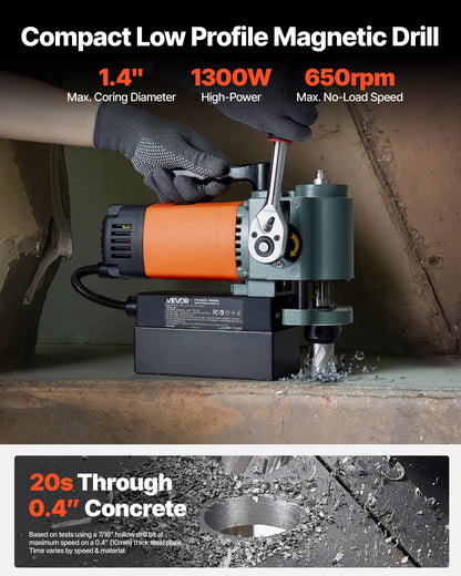 Low Profile Magnetic Drill Press, 1300 W, 35 mm Boring Diameter, 10000N Power Portable Mag Drill Press, 650RPM Speed, with Weldon Shank, for Metal Surface, Industrial and Home Improvement