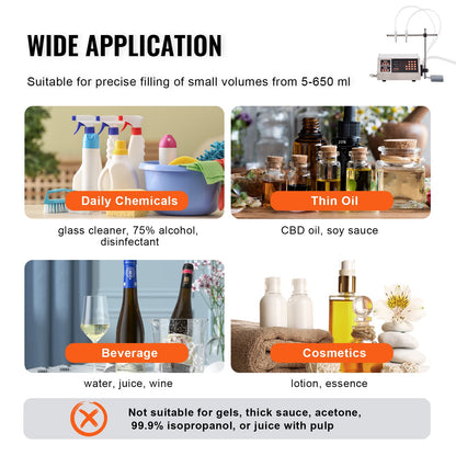 Liquid Filling Machine, 5-650ml Filling Capacity, Automatic Bottle Filler Machine, Bottling Machine Peristaltic Pump Digital Control for Milk, Water, Wine, Beverage, Soy Sauce (Double Nozzle)