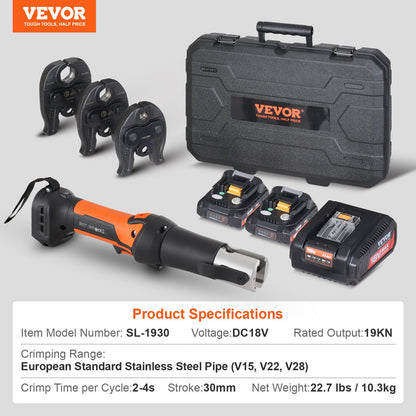 Press Tool and Battery Kit, Pro Press Tool, Electric Pipe Crimping Tool with V15, V22, V28 Jaws, Press Tool Kit with 2pcs 18V 2.0Ah Battery, Fast Charger, and Carrying Case