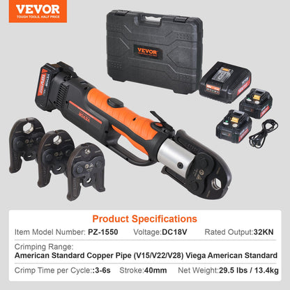 Press Tool and Battery Kit, Pro Press Tool, Electric Pipe Crimping Tool with V15, V22, V28 Jaws, Press Tool Kit with 2pcs 18V 4.0Ah Battery, Fast Charger, and Carrying Case
