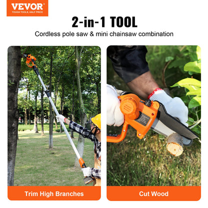 2-in-1 Cordless Pole Saw & Mini Chainsaw, 20V 2Ah Battery Pole Chainsaw, 12.7cm Cutting Capacity 243.8 cm Reach Pole Saw for Branch Cutting & Tree Trimming (Battery and Blade Cover Included)