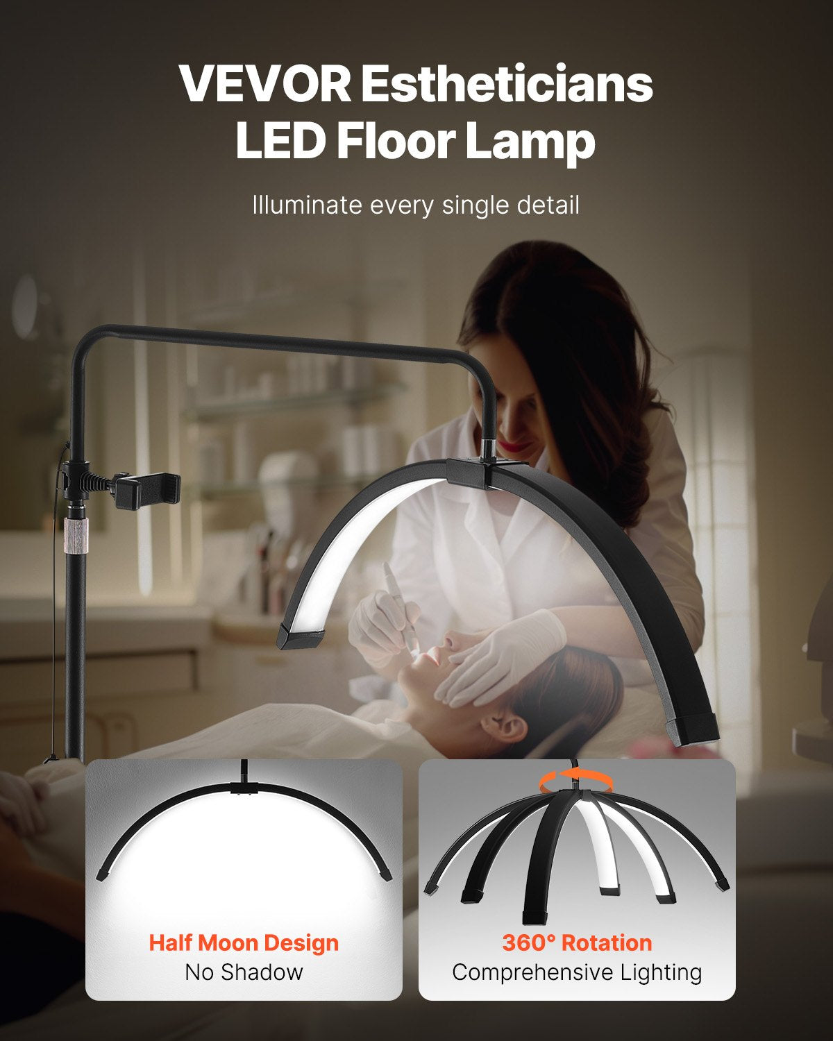 Halbmondförmige LED-Stehlampe für Kosmetikerinnen, 66 cm (26 Zoll) dimmbar, mit gebogener Form, Handyhalterung und Fernbedienung, für Schönheit, Hautpflege, Augenbrauen und Tattoos.