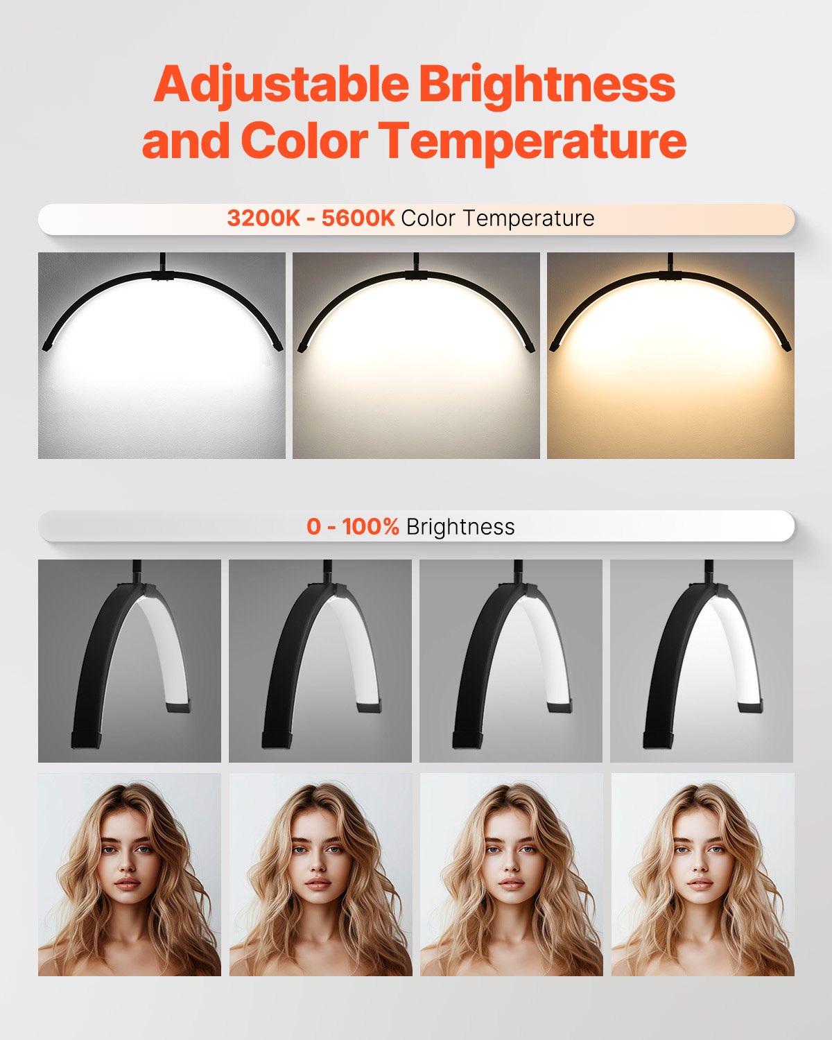 Halbmondförmige LED-Stehlampe für Kosmetikerinnen, 66 cm (26 Zoll) dimmbar, mit gebogener Form, Handyhalterung und Fernbedienung, für Schönheit, Hautpflege, Augenbrauen und Tattoos.