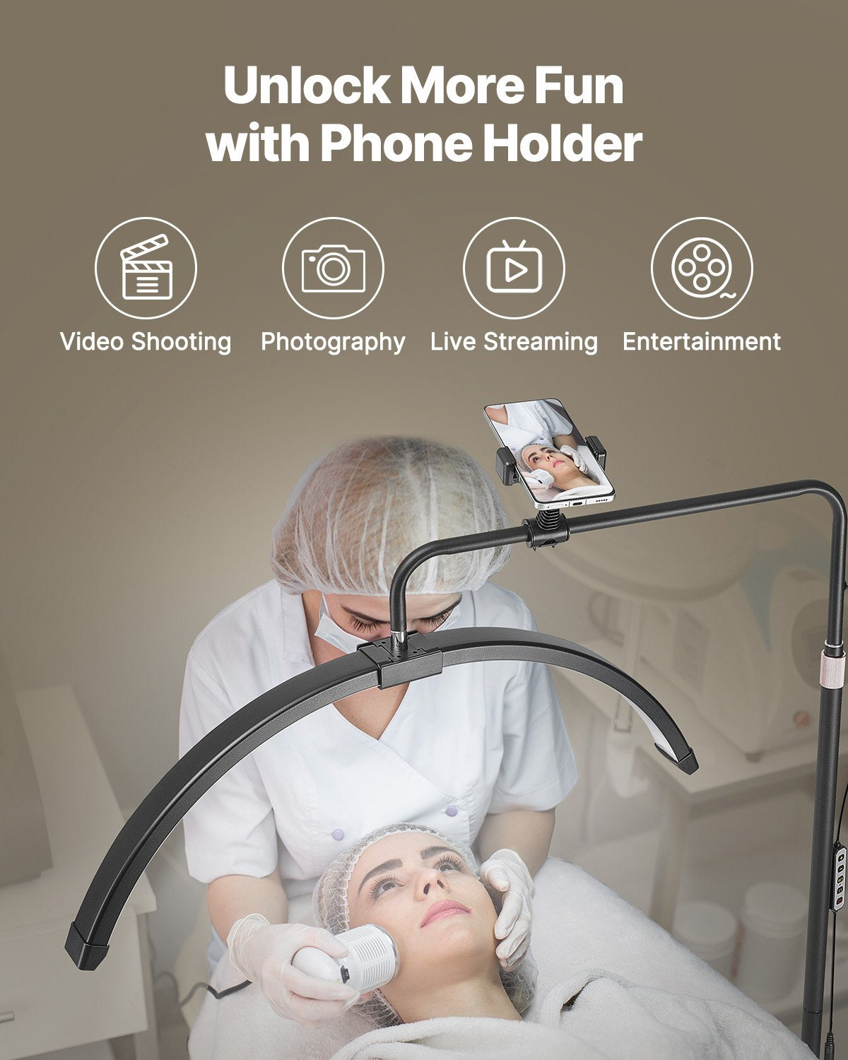 Halbmondförmige LED-Stehlampe für Kosmetikerinnen, 66 cm (26 Zoll) dimmbar, mit gebogener Form, Handyhalterung und Fernbedienung, für Schönheit, Hautpflege, Augenbrauen und Tattoos.