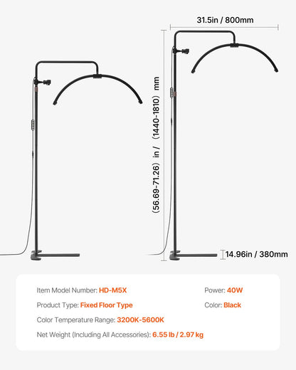 Halbmondförmige LED-Stehlampe für Kosmetikerinnen, 66 cm (26 Zoll) dimmbar, mit gebogener Form, Handyhalterung und Fernbedienung, für Schönheit, Hautpflege, Augenbrauen und Tattoos.