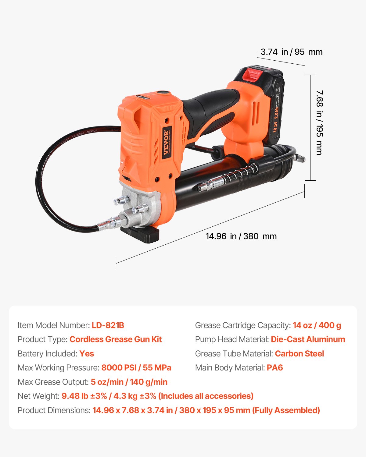 Cordless Grease Gun, 8000 PSI Max Pressure, 20V Electric Grease Gun with 2.0 Ah Battery & LED Light, 35.4-inch Long Hose & Carrying Case, Variable Speed Triggers, Vehicles or Machines Greasing