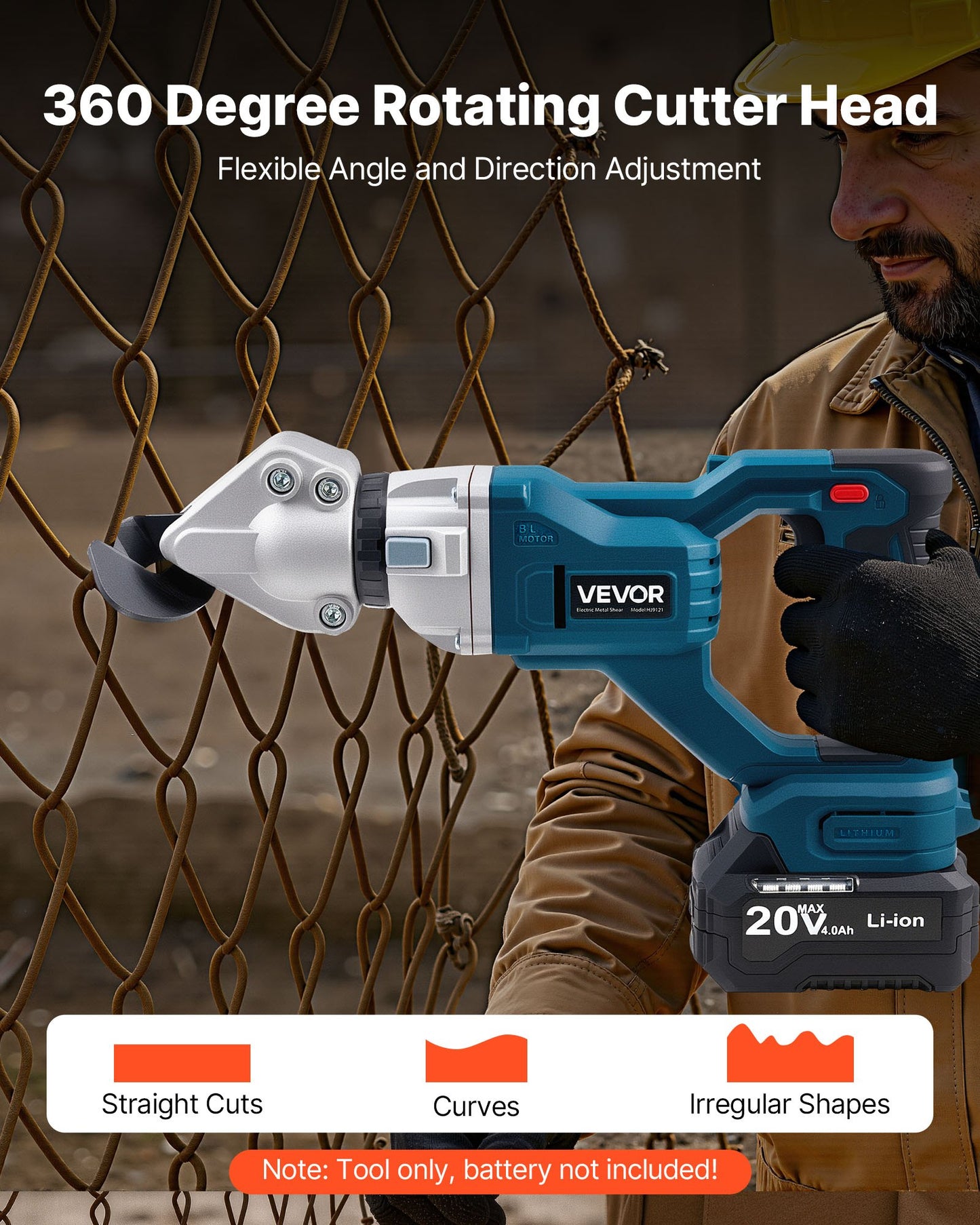 Akku-Blechschere mit 360° schwenkbarem Kopf, Doppelklingen, 25.000 U/min, schneidet 1,22 mm verzinkten Stahl, 1 mm Edelstahl, Aluminiumblech, Kunststoff und Karton.