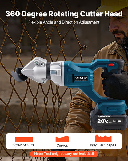 Akku-Blechschere mit 360° schwenkbarem Kopf, Doppelklingen, 25.000 U/min, schneidet 1,22 mm verzinkten Stahl, 1 mm Edelstahl, Aluminiumblech, Kunststoff und Karton.