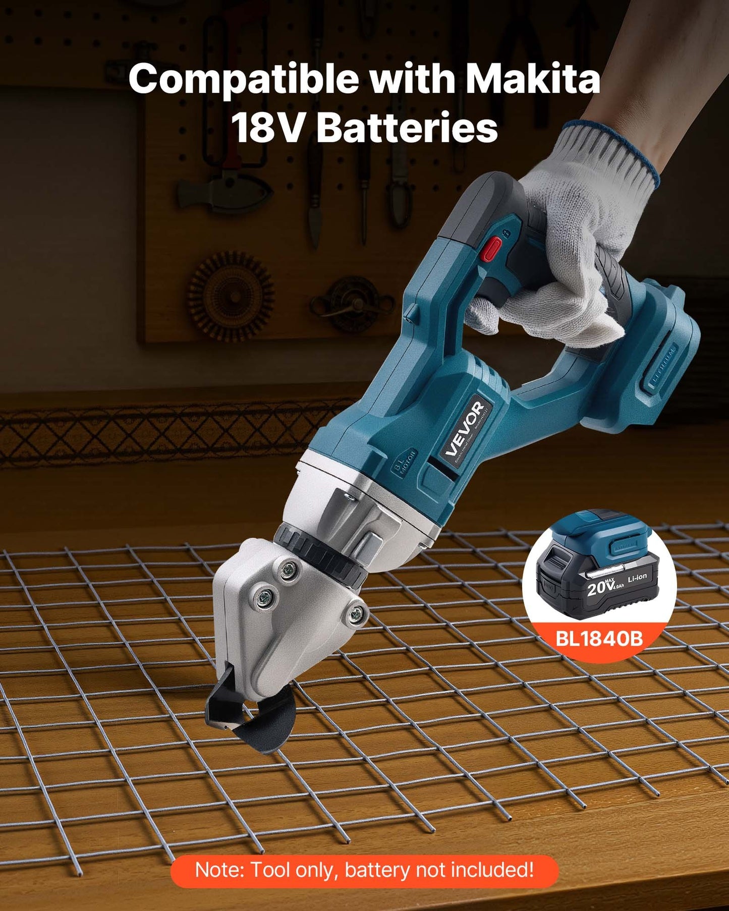 Akku-Blechschere mit 360° schwenkbarem Kopf, Doppelklingen, 25.000 U/min, schneidet 1,22 mm verzinkten Stahl, 1 mm Edelstahl, Aluminiumblech, Kunststoff und Karton.