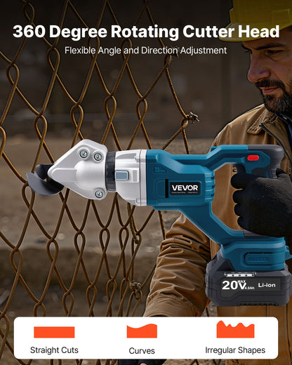 Metallschere, Akku-Blechschneider mit 360° schwenkbarem Kopf, Doppelklingen, 220 V AC / 20 V DC, schneidet 1,22 mm verzinkten Stahl, 1 mm Edelstahl, Aluminium, Kunststoff, Karton, 2800 Hübe/min