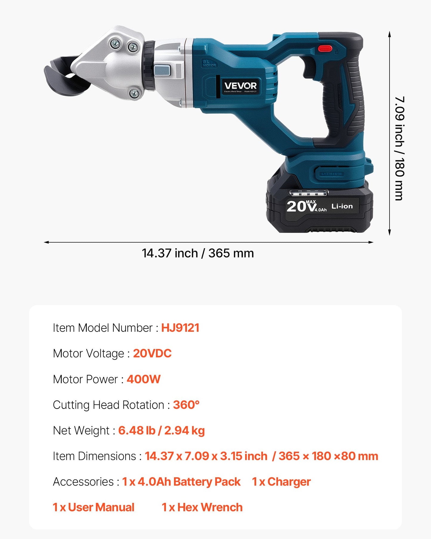 Metallschere, Akku-Blechschneider mit 360° schwenkbarem Kopf, Doppelklingen, 220 V AC / 20 V DC, schneidet 1,22 mm verzinkten Stahl, 1 mm Edelstahl, Aluminium, Kunststoff, Karton, 2800 Hübe/min