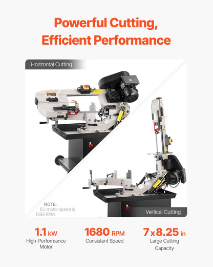 Metal Horizontal Band Saw, 178 x 209 mm(7 x 8.25 in) Rectangular Cutting Capacity, 220V Metal Vertical Cutting Bandsaw with 1.1 kW Motor, 0-45° Angle Adjustment, Variable Speed, for Metal, Wood, and Plastic