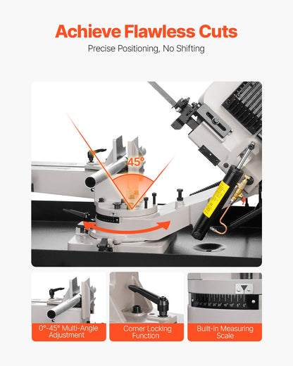 Metal Horizontal Band Saw, 178 x 209 mm(7 x 8.25 in) Rectangular Cutting Capacity, 220V Metal Vertical Cutting Bandsaw with 1.1 kW Motor, 0-45° Angle Adjustment, Variable Speed, for Metal, Wood, and Plastic