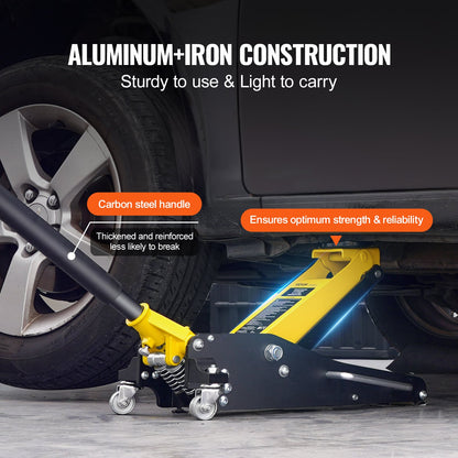 Flacher Wagenheber 2 Tonnen (4400 lbs), Hochleistungs-Aluminium-Hydraulik-Rennwagenheber, Hydraulischer Wagenheber, Doppelkolben-Schnellhubpumpe, Hubbereich 3,2"-14,6" (Gelb)