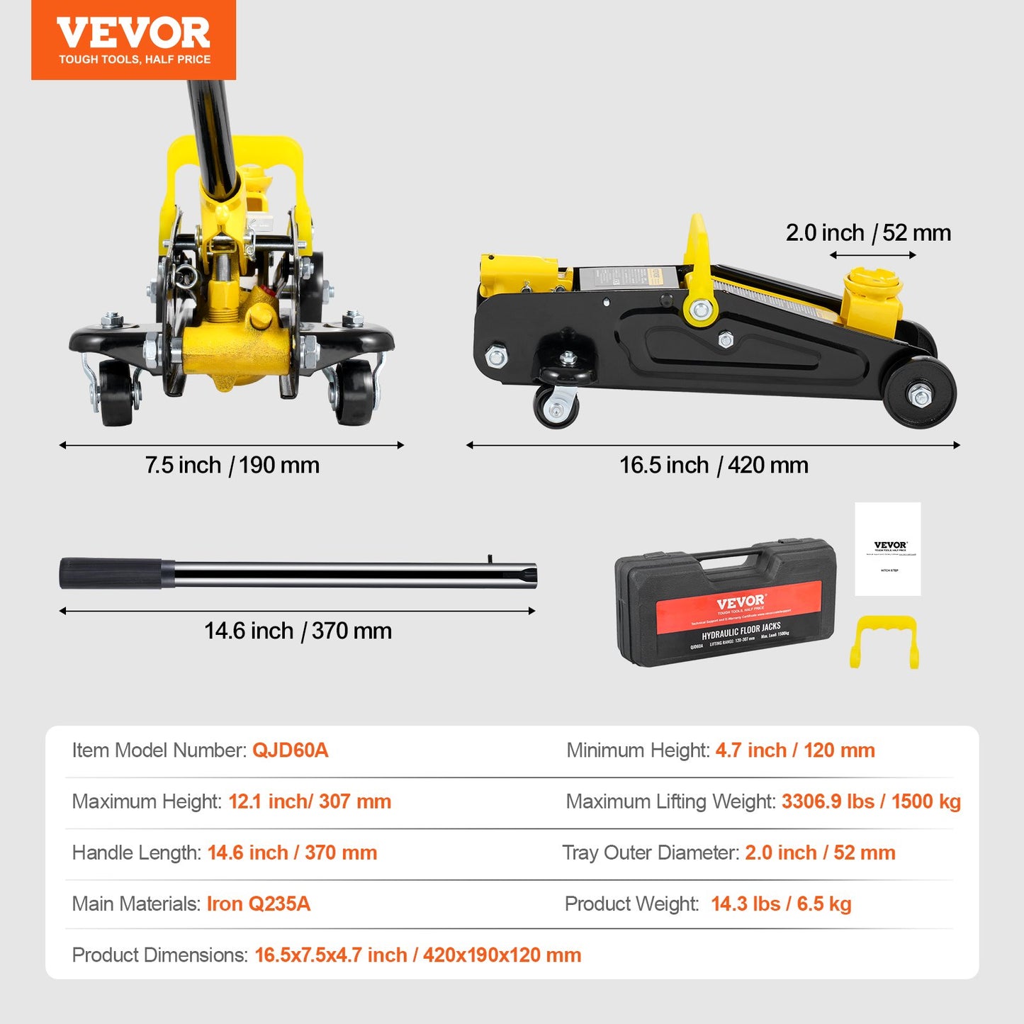 Low Profile Floor Jack 1.5 Ton (3300 lbs), Heavy Duty Iron Hydraulic Racing Floor Jack, Hydraulic Car Jack, Single Piston Quick Lift Pump, 4.7"-12.1" Height Lifting Range (Yellow)