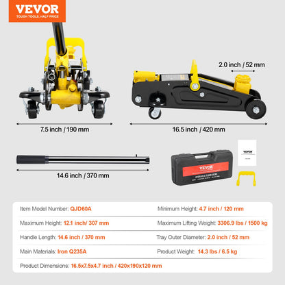 Low Profile Floor Jack 1.5 Ton (3300 lbs), Heavy Duty Iron Hydraulic Racing Floor Jack, Hydraulic Car Jack, Single Piston Quick Lift Pump, 4.7"-12.1" Height Lifting Range (Yellow)