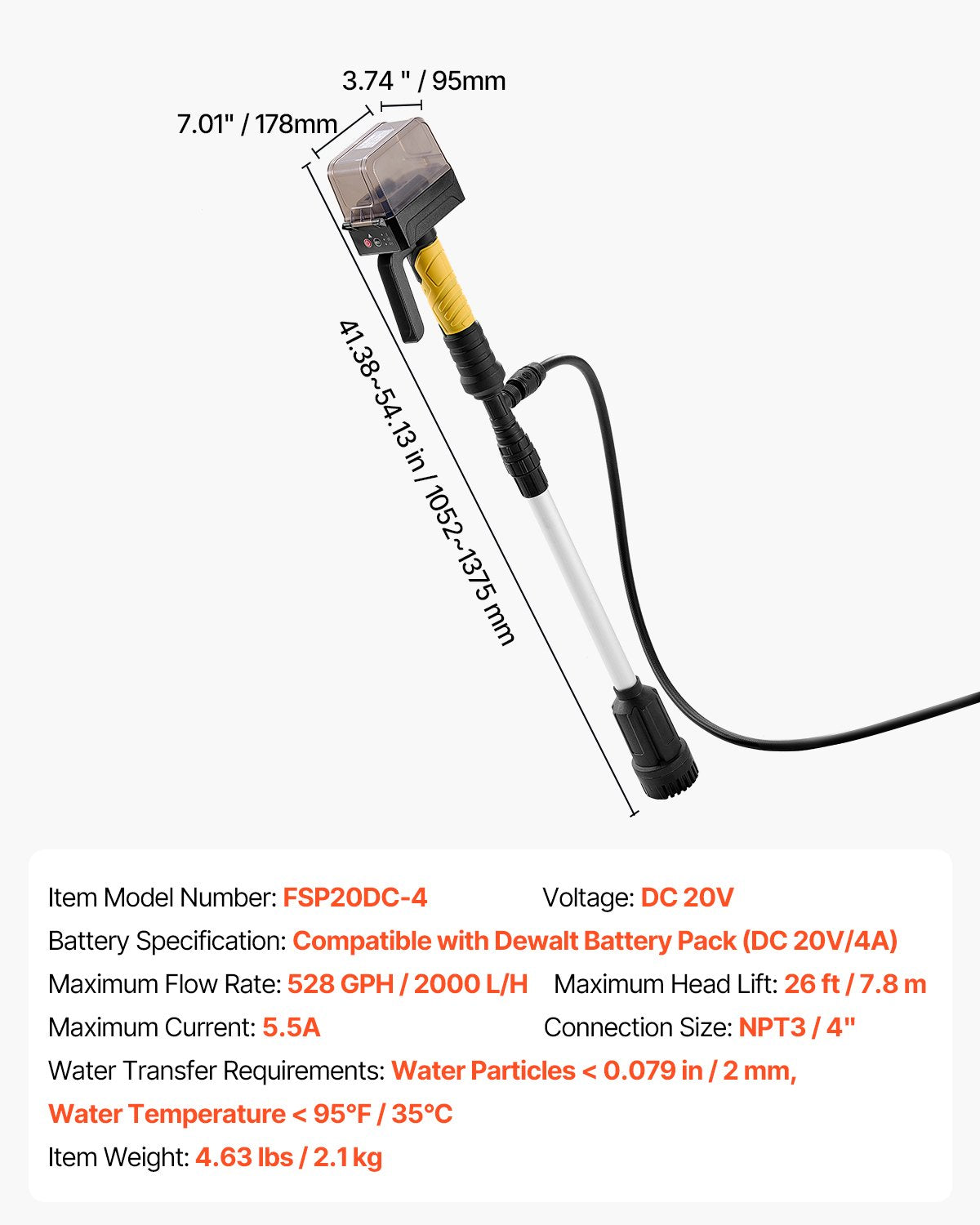 Akkubetriebene Stielwasserpumpe, 33 l/min (528 GPH), tragbare Tauchpumpe mit NPT 3/4"-Gartenschlauch, kompatibel mit Dewalt 20V MAX Akku (Akku nicht enthalten), elektrische Stielpumpe für Pool, Garten und Teich