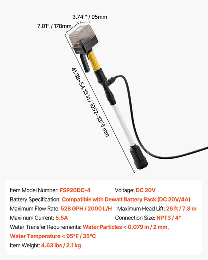 Akkubetriebene Stielwasserpumpe, 33 l/min (528 GPH), tragbare Tauchpumpe mit NPT 3/4"-Gartenschlauch, kompatibel mit Dewalt 20V MAX Akku (Akku nicht enthalten), elektrische Stielpumpe für Pool, Garten und Teich