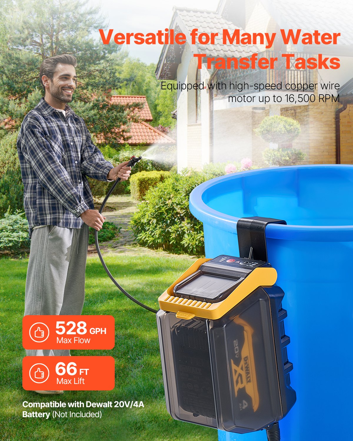 Akkubetriebene Tauchpumpe, 33 l/min (528 GPH), tragbare Sumpfpumpe mit G3/4"-Gartenschlauch, kompatibel mit Dewalt 20V MAX Akku (Akku nicht enthalten), elektrische Universalpumpe für Pool, Garten und Teich