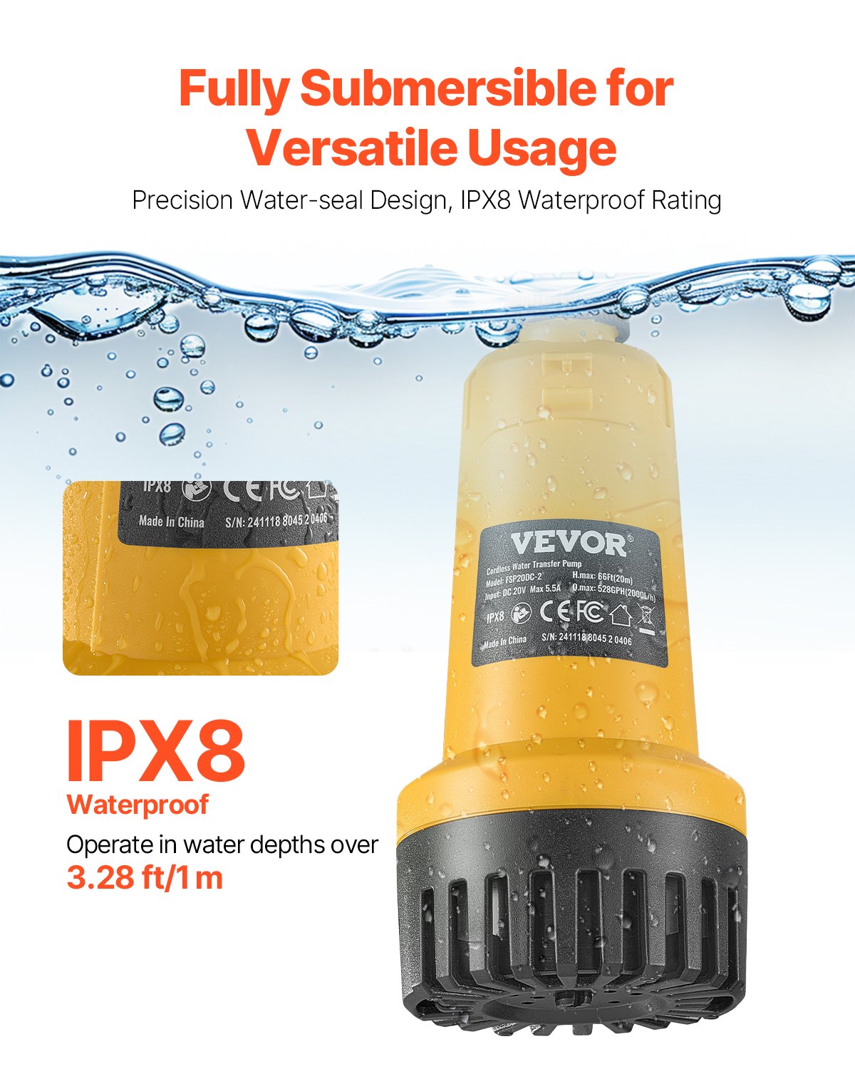 Akkubetriebene Tauchpumpe, 33 l/min (528 GPH), tragbare Sumpfpumpe mit G3/4"-Gartenschlauch, kompatibel mit Dewalt 20V MAX Akku (Akku nicht enthalten), elektrische Universalpumpe für Pool, Garten und Teich