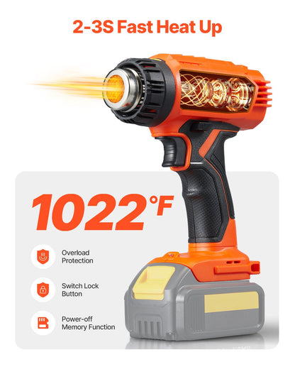 Cordless Heat Gun, Hot Air Gun Compatible with DEWALT 20V Lithium Batteries, Max 1022℉ Heat Shrink Gun with LED Light, 6 Temp & 4 Nozzles, Ideal for Shrink Tubing, PVC Wrapping, Paint Removal