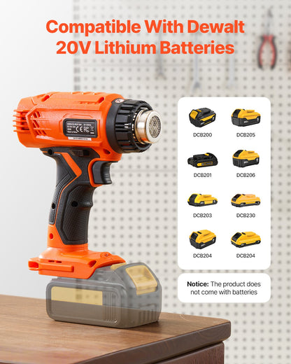 Cordless Heat Gun, Hot Air Gun Compatible with DEWALT 20V Lithium Batteries, Max 1022℉ Heat Shrink Gun with LED Light, 6 Temp & 4 Nozzles, Ideal for Shrink Tubing, PVC Wrapping, Paint Removal
