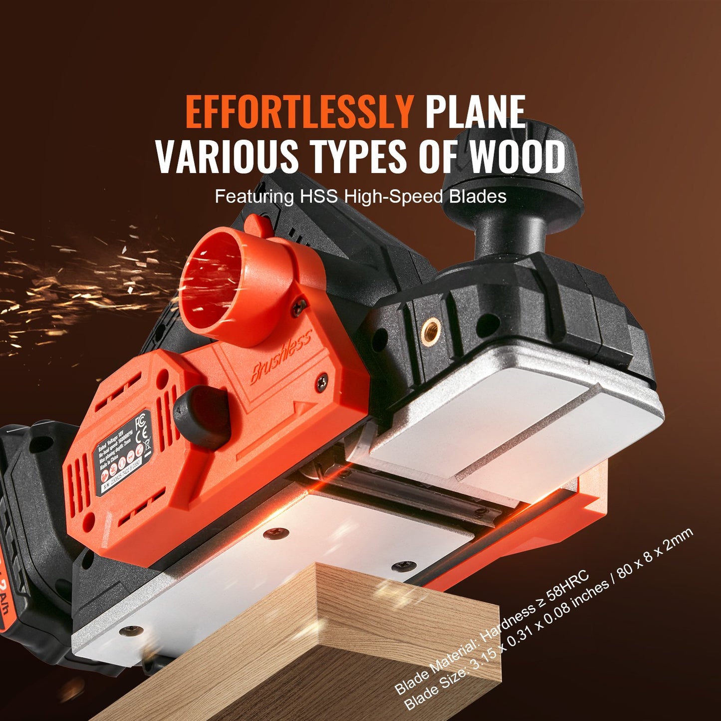 Cordless Electric Hand Planer, 3-1/4" Width, 16500 RPM Handheld Wood Planer with 5/64" Adjustable Planing Depth HSS Blades Dual Side Dust Outlet, for Woodworking Wood Planing Surface Smoothing
