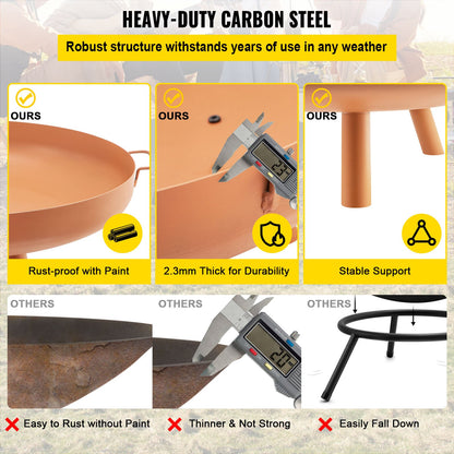 Fire Pit Bowl, 30-Inch Deep Round Carbon Steel Fire Bowl, Wood Burning for Outdoor Patios, Backyards & Camping Uses, with A Drain Hole, Portable Handles and A Firewood Stick, Brown