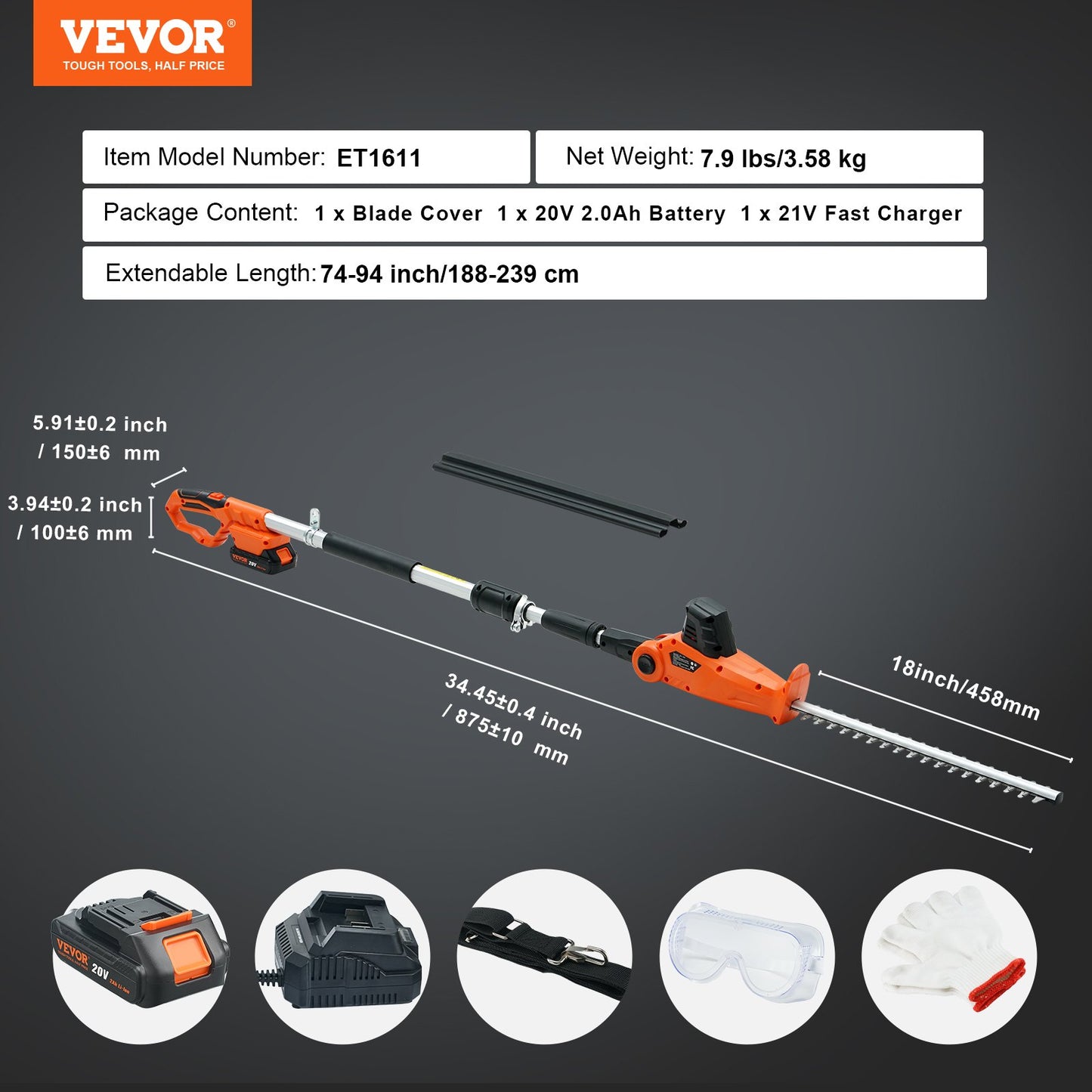 20V Cordless Hedge Trimmer Telescoping Pole Hedge Trimmer 18 inch Blade