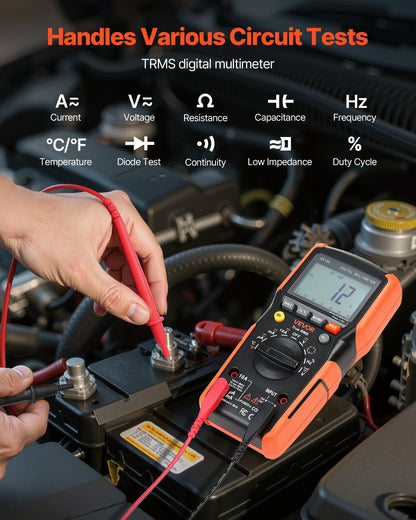 Digital Multimeter, 6000-Count TRMS DC/AC Voltmeter Current Tester, Auto-Ranging Multimeter for Current Voltage Resistance Capacitance Temperature Diodes Continuity Low Impedance Measurment