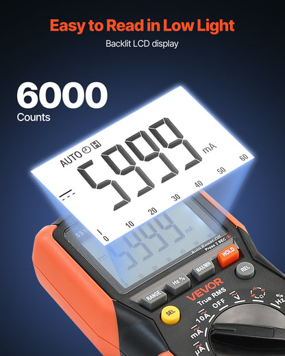 Digital Multimeter, 6000-Count TRMS DC/AC Voltmeter Current Tester, Auto-Ranging Multimeter for Current Voltage Resistance Capacitance Temperature Diodes Continuity Low Impedance Measurment