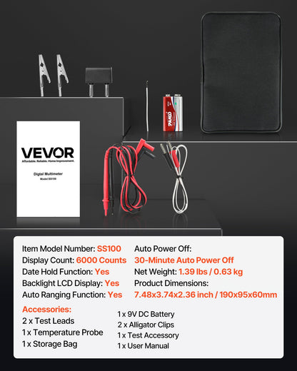Digital Multimeter, 6000-Count TRMS DC/AC Voltmeter Current Tester, Auto-Ranging Multimeter for Current Voltage Resistance Capacitance Temperature Diodes Continuity Low Impedance Measurment