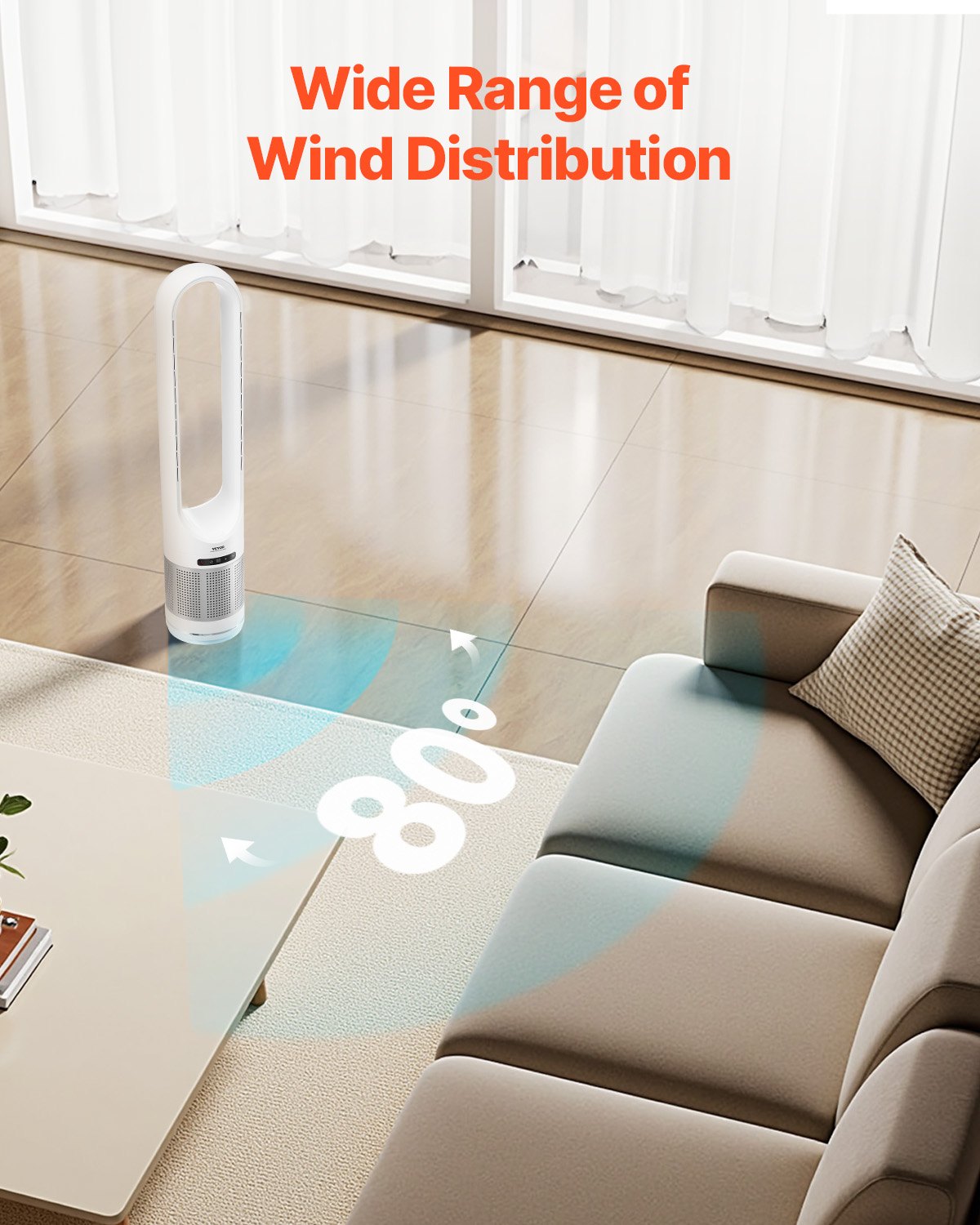 Tower Fan Bladeless, 15.4ft/s Velocity Floor Fan that Blows Cold Air, 80° Oscillating 8-Speed Fans, 8H Timer, Standing Fans with H13 HEPA Filtration, Remote Control & Air Purification Mode