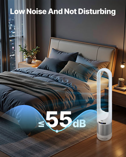 Tower Fan Bladeless, 15.4ft/s Velocity Floor Fan that Blows Cold Air, 80° Oscillating 8-Speed Fans, 8H Timer, Standing Fans with H13 HEPA Filtration, Remote Control & Air Purification Mode