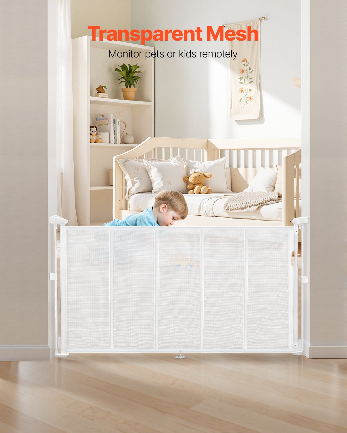 Retractable Baby Gate, 870 mm Tall, Extends up to 1400 mm Wide, Retractable Gate for Kids or Pets, Mesh Material, Easy to Install for Indoor Stairs, Doorways, Hallways, Playrooms, White