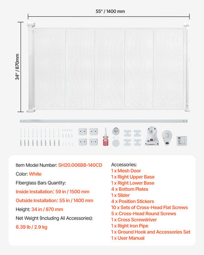 Retractable Baby Gate, 870 mm Tall, Extends up to 1400 mm Wide, Retractable Gate for Kids or Pets, Mesh Material, Easy to Install for Indoor Stairs, Doorways, Hallways, Playrooms, White