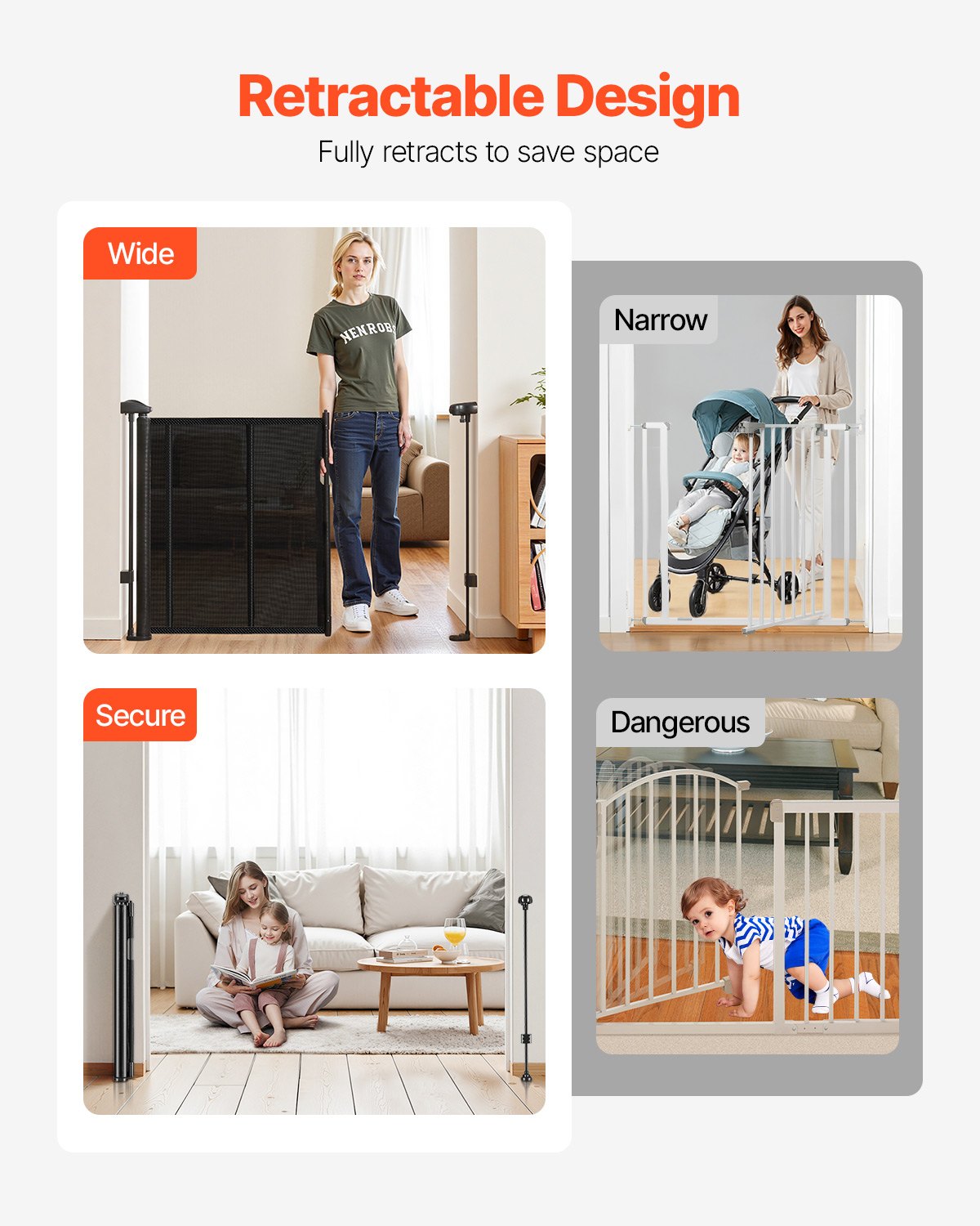 Retractable Baby Gate, 870 mm Tall, Extends up to 1800 mm Wide, Retractable Gate for Kids or Pets, Mesh Material, Easy to Install for Indoor Stairs, Doorways, Hallways, Playrooms, Black