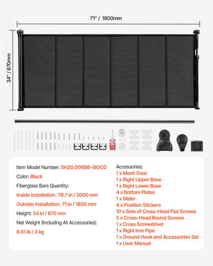 Retractable Baby Gate, 870 mm Tall, Extends up to 1800 mm Wide, Retractable Gate for Kids or Pets, Mesh Material, Easy to Install for Indoor Stairs, Doorways, Hallways, Playrooms, Black