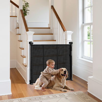 Retractable Baby Gate, 870 mm Tall, Extends up to 1800 mm Wide, Retractable Gate for Kids or Pets, Mesh Material, Easy to Install for Indoor Stairs, Doorways, Hallways, Playrooms, Black