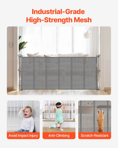 Retractable Baby Gate, 870 mm Tall, Extends up to 1800 mm Wide, Retractable Gate for Kids or Pets, Mesh Material, Easy to Install for Indoor Stairs, Doorways, Hallways, Playrooms, Gray