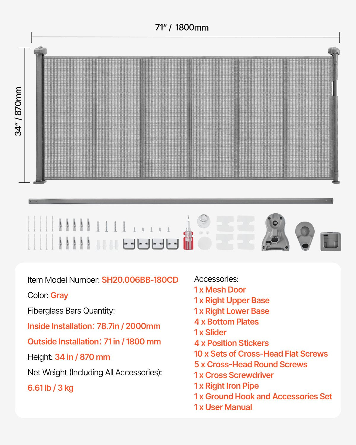Retractable Baby Gate, 870 mm Tall, Extends up to 1800 mm Wide, Retractable Gate for Kids or Pets, Mesh Material, Easy to Install for Indoor Stairs, Doorways, Hallways, Playrooms, Gray