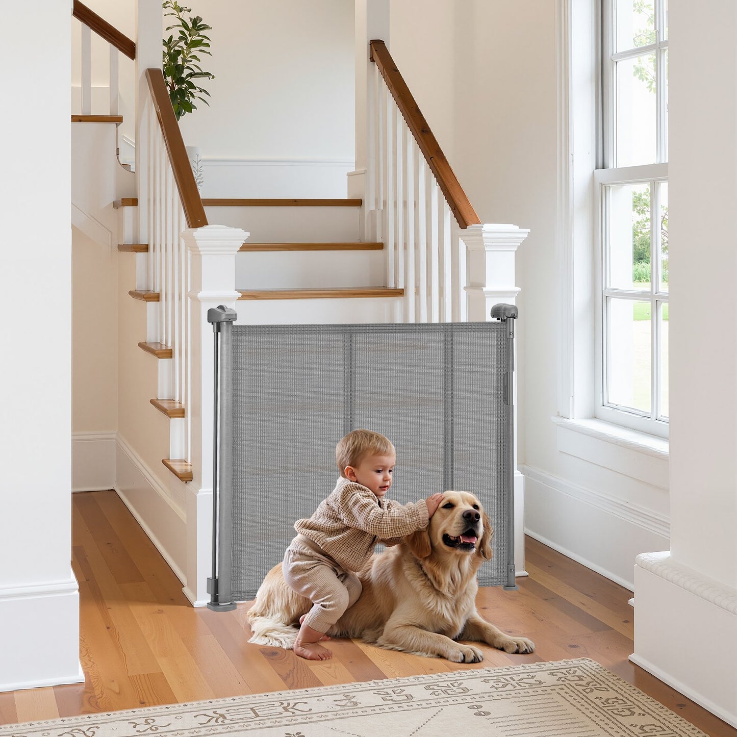 Retractable Baby Gate, 870 mm Tall, Extends up to 1800 mm Wide, Retractable Gate for Kids or Pets, Mesh Material, Easy to Install for Indoor Stairs, Doorways, Hallways, Playrooms, Gray