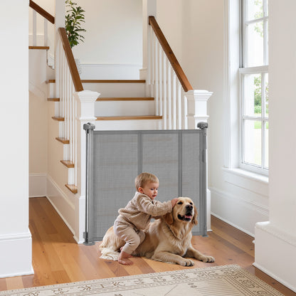 Retractable Baby Gate, 870 mm Tall, Extends up to 1800 mm Wide, Retractable Gate for Kids or Pets, Mesh Material, Easy to Install for Indoor Stairs, Doorways, Hallways, Playrooms, Gray