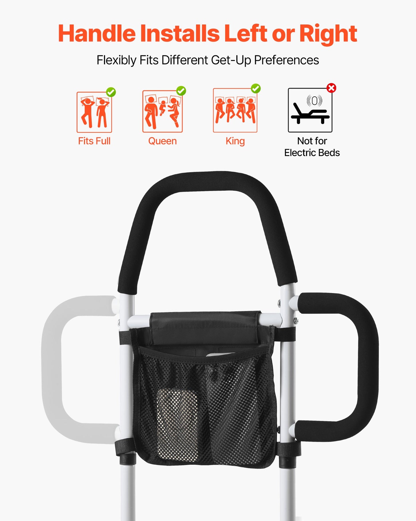 Bed Rail for Elderly, Bedside Assist Rails with Side Handle and PU Handrail, Adjustable Height Carbon Steel Pipe Bedside Cane, Bed Bars for Seniors & Patients, Fits King, Queen, Full, Twin