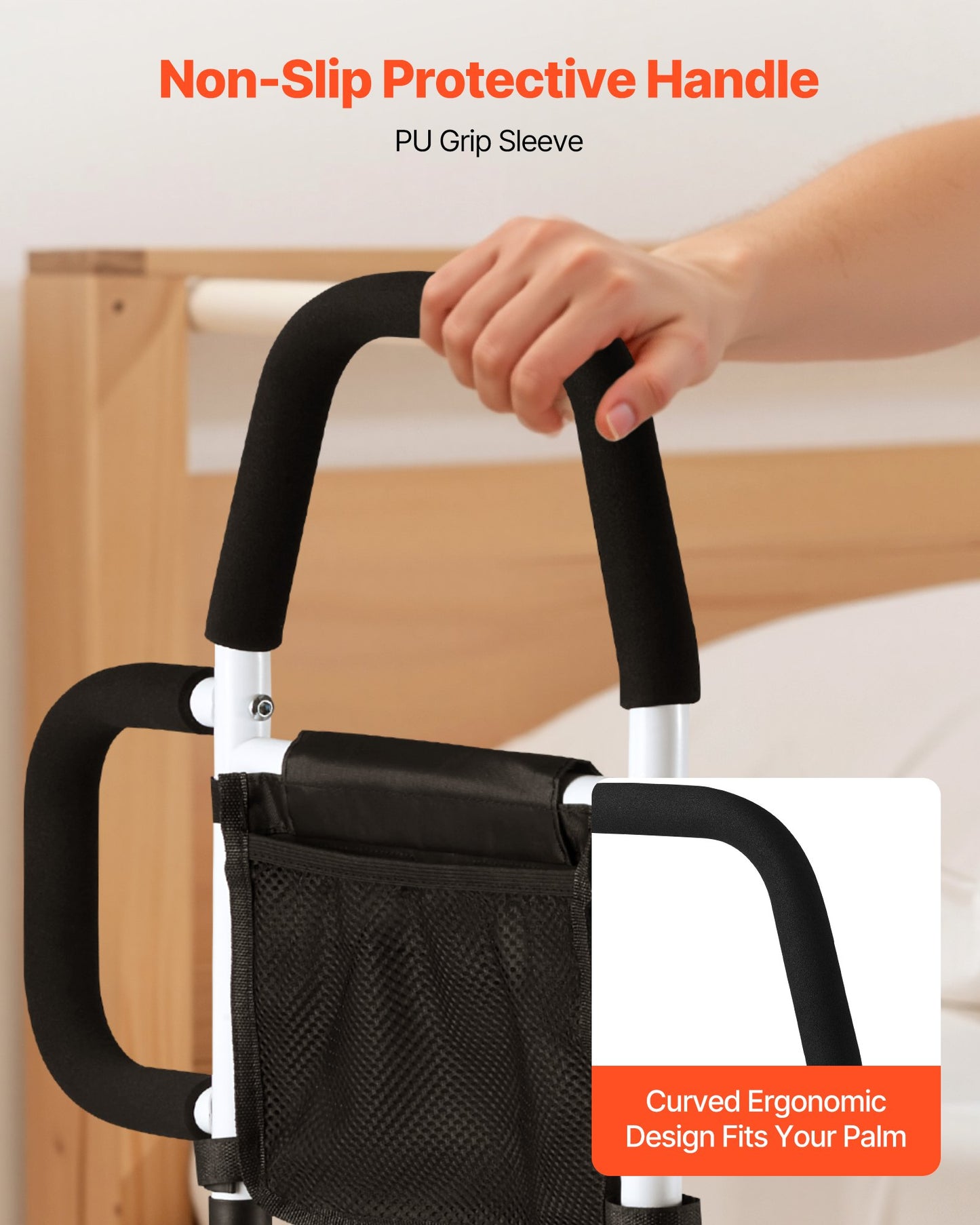 Bed Rail for Elderly, Bedside Assist Rails with Side Handle and PU Handrail, Adjustable Height Carbon Steel Pipe Bedside Cane, Bed Bars for Seniors & Patients, Fits King, Queen, Full, Twin