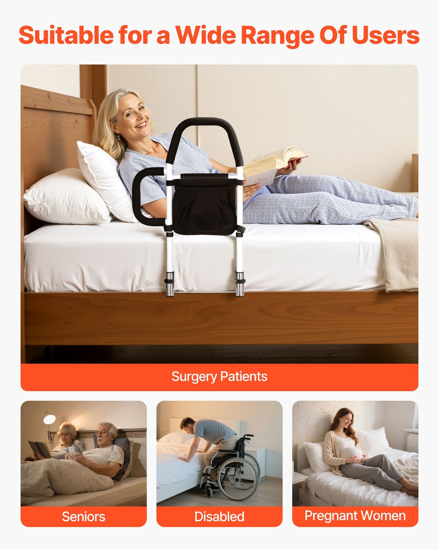 Bed Rail for Elderly, Bedside Assist Rails with Side Handle and PU Handrail, Adjustable Height Carbon Steel Pipe Bedside Cane, Bed Bars for Seniors & Patients, Fits King, Queen, Full, Twin