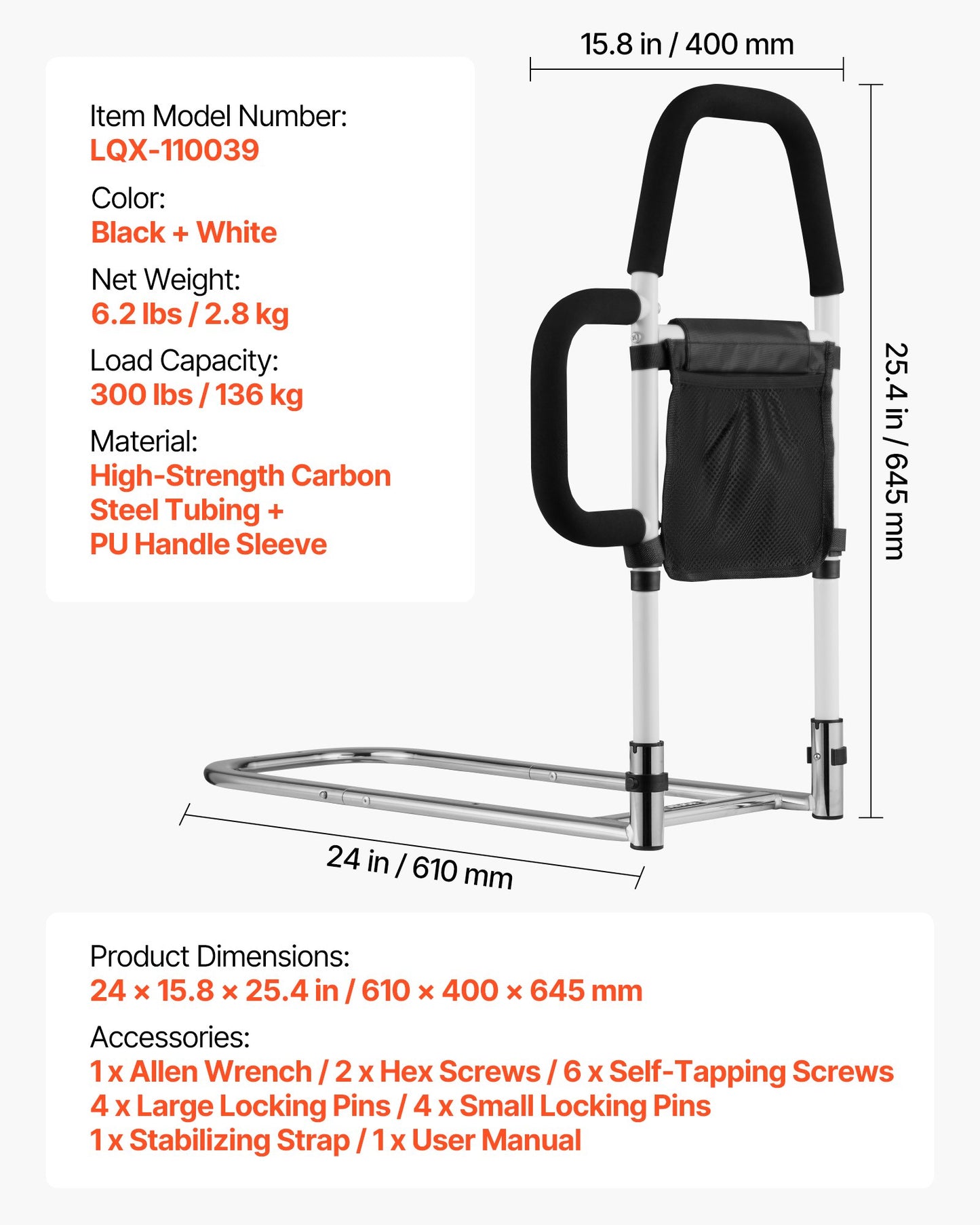 Bed Rail for Elderly, Bedside Assist Rails with Side Handle and PU Handrail, Adjustable Height Carbon Steel Pipe Bedside Cane, Bed Bars for Seniors & Patients, Fits King, Queen, Full, Twin