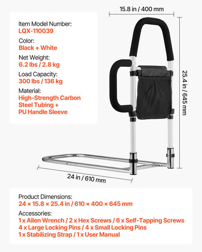 Bed Rail for Elderly, Bedside Assist Rails with Side Handle and PU Handrail, Adjustable Height Carbon Steel Pipe Bedside Cane, Bed Bars for Seniors & Patients, Fits King, Queen, Full, Twin